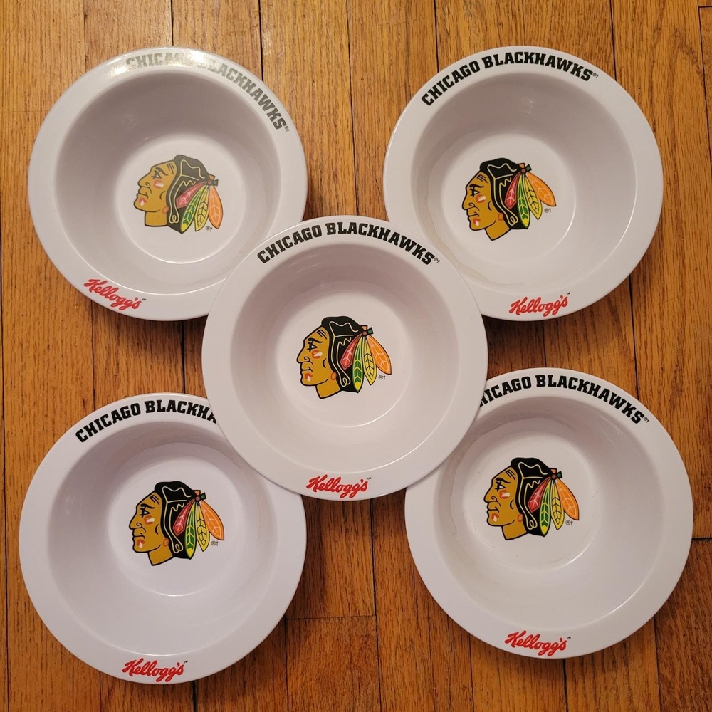 5 Vintage 2001 Kelloggs Chicago Blackhawks NHL Plastic Cereal Bowls Set White‎